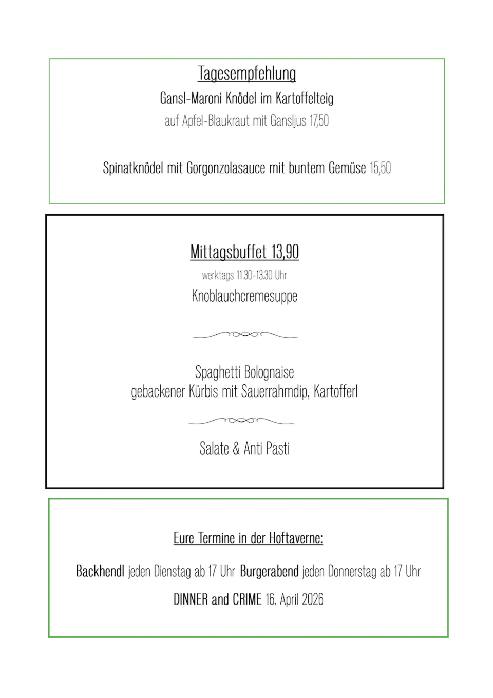 Tagesempfehlung und Mittagsbuffet in der Hoftaverne Ziegelboeck