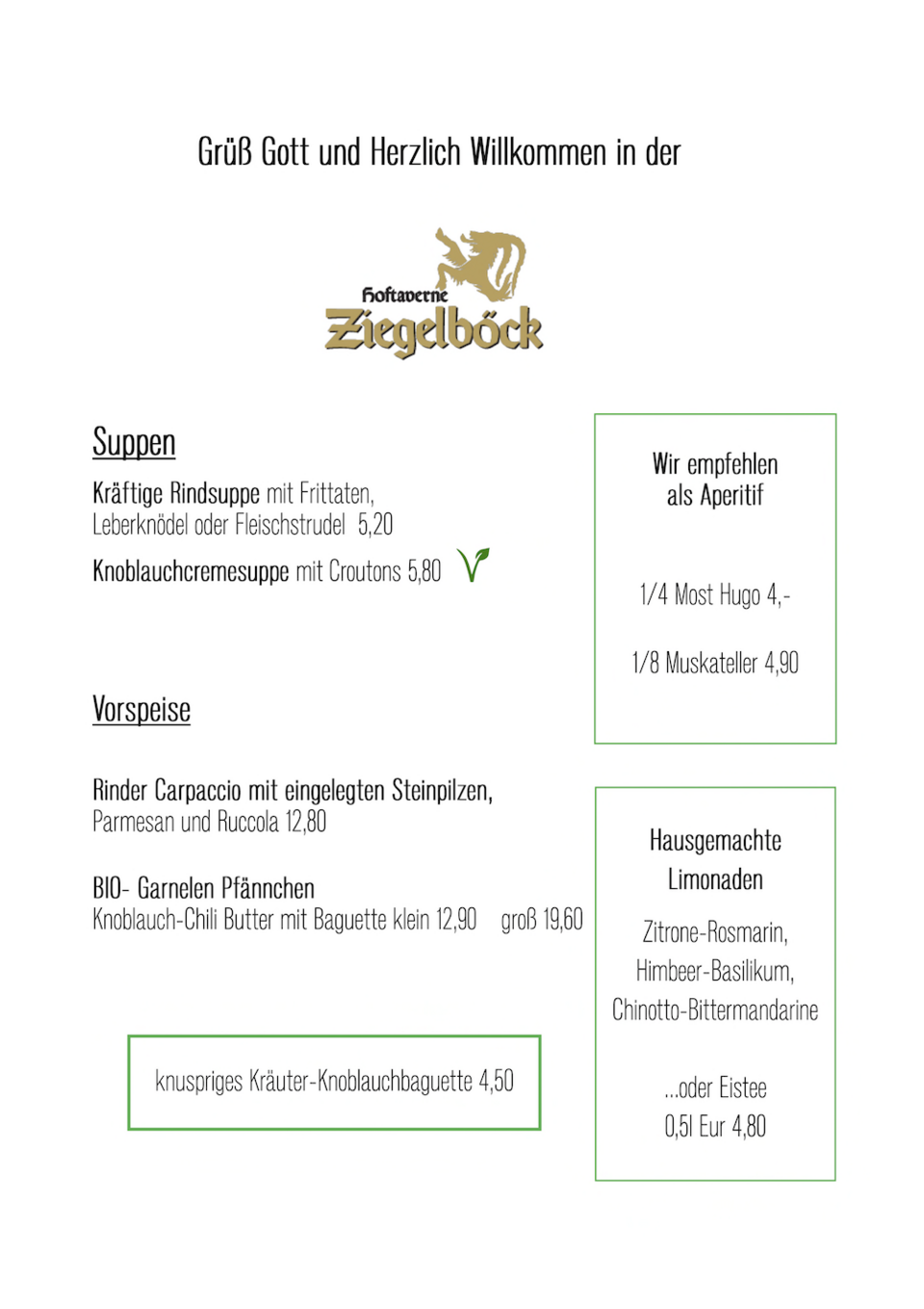 Suppen und Vorspeisen mit Aperitif- und Limonadenempfehlung