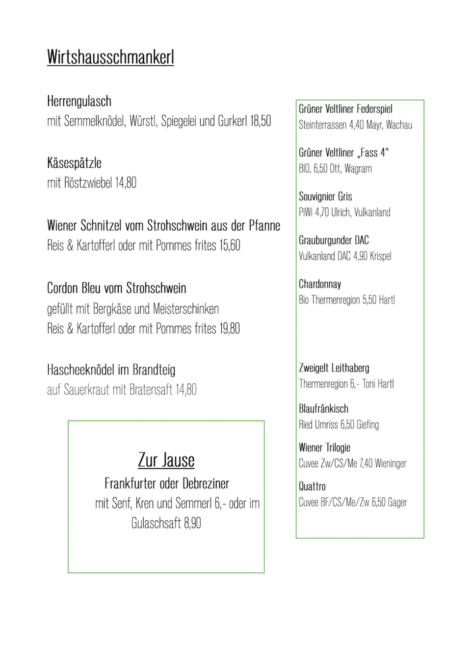 Wirtshausschmankerl der Hoftaverne mit Weinempfehlungen