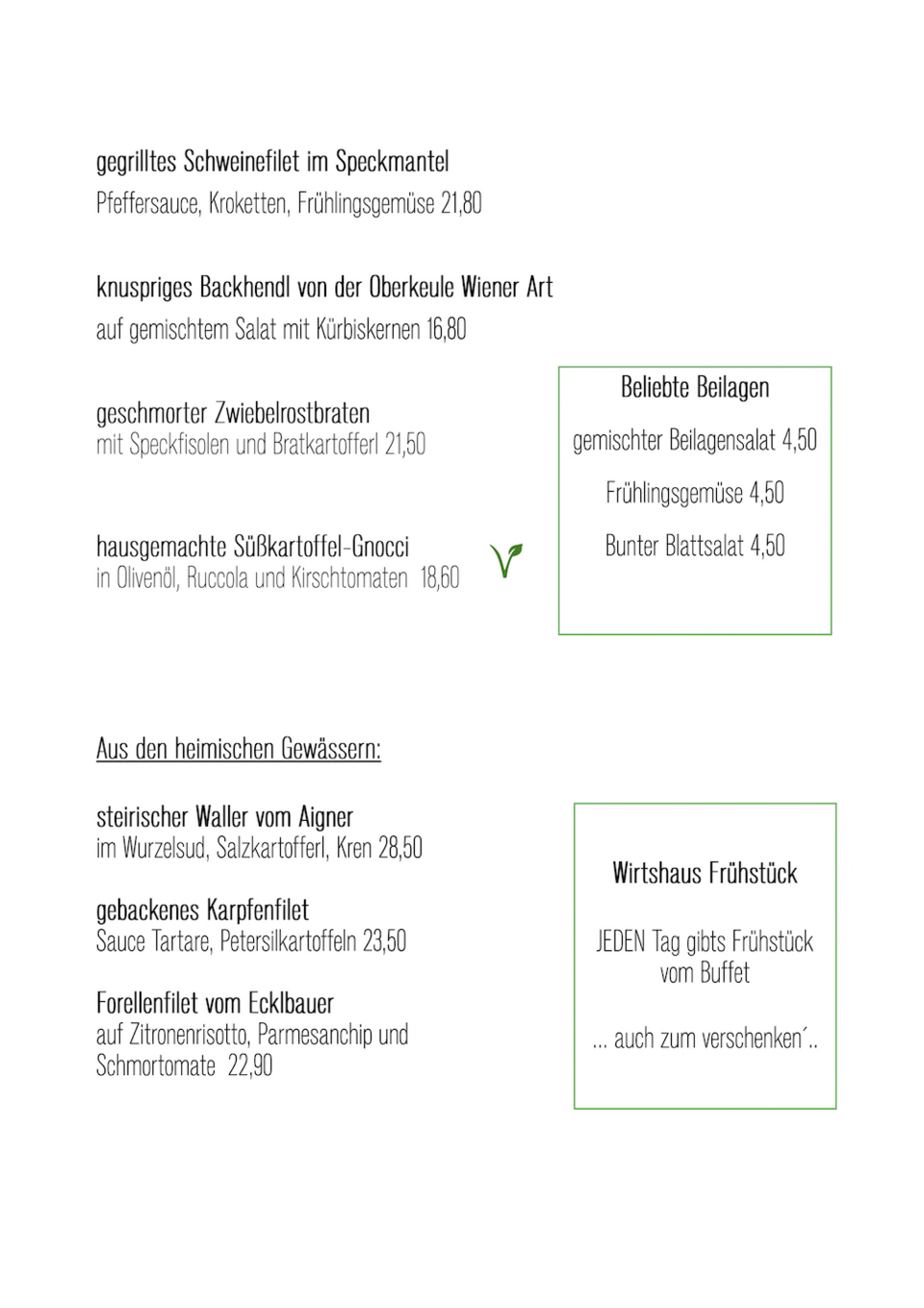 Hauptgerichte und Fischgerichte plus Hinweis aufs Fruehstuecksbuffet