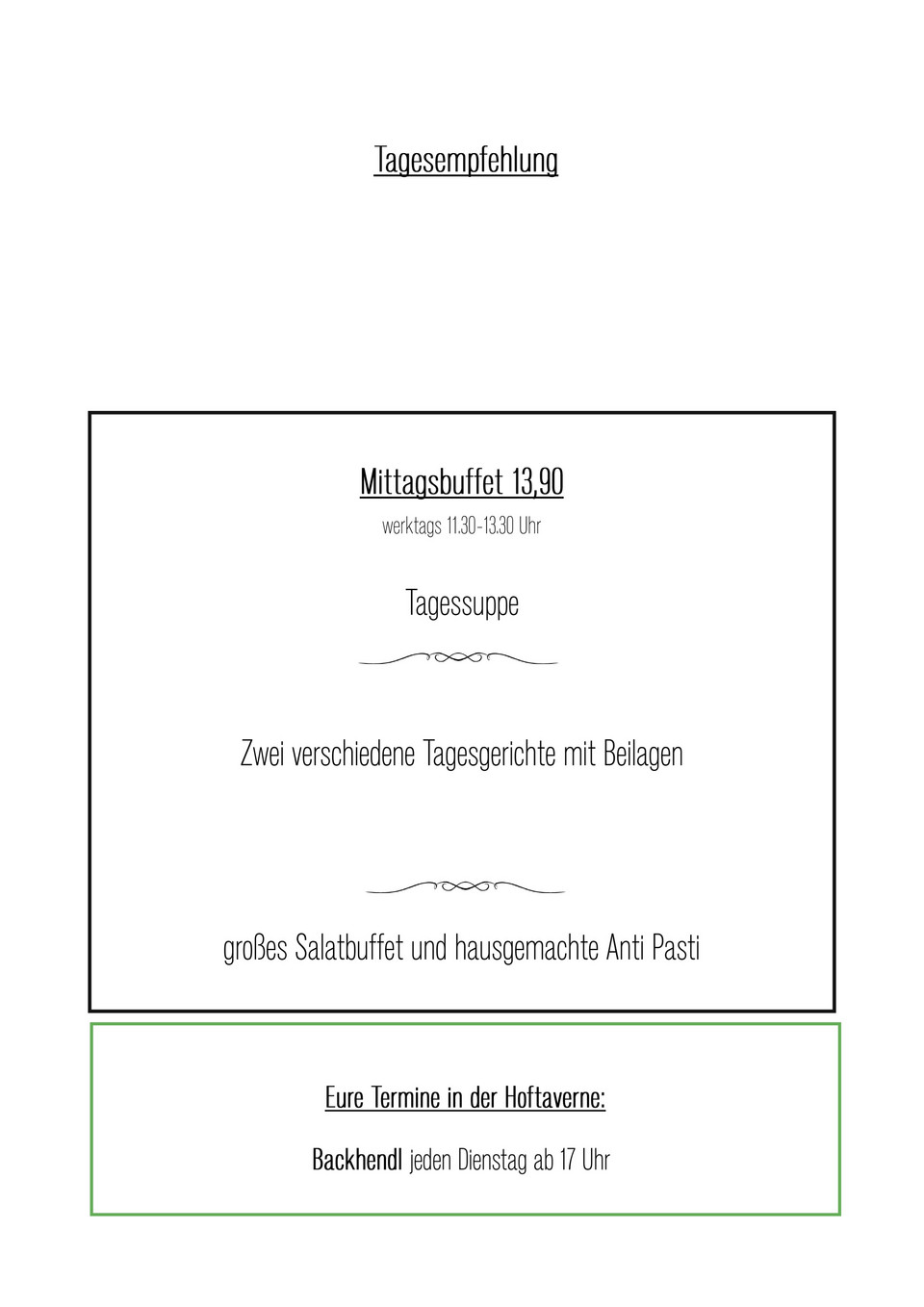 Speisekarte der Hoftaverne Ziegelböck in Vorchdorf mit Suppen, Vorspeisen, hausgemachten Limonaden und Aperitif-Empfehlungen
