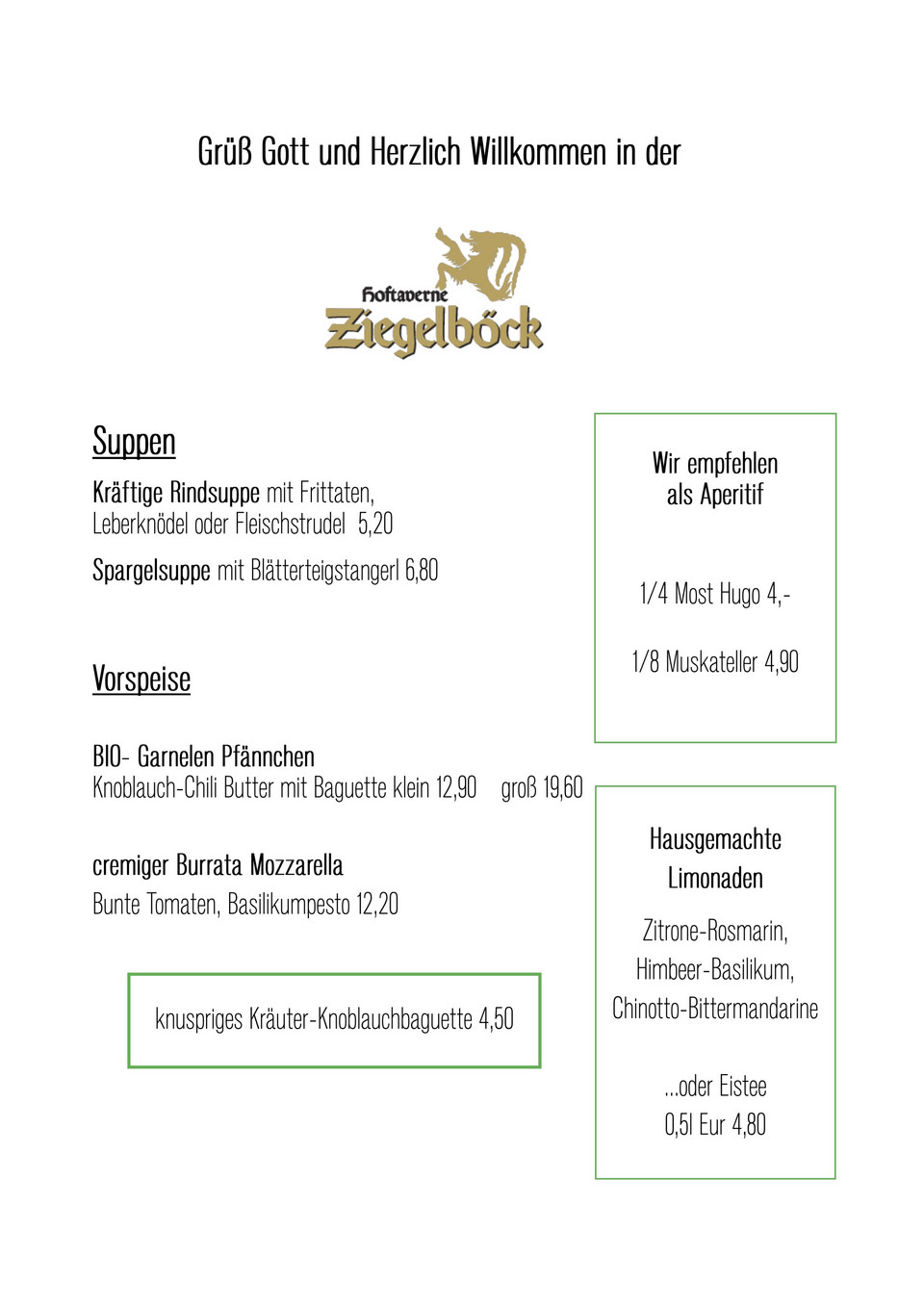 Tagesempfehlung der Hoftaverne Ziegelböck mit Mittagsbuffet, Tagessuppe, Tagesgerichten, Salatbuffet und Backhendl-Termin