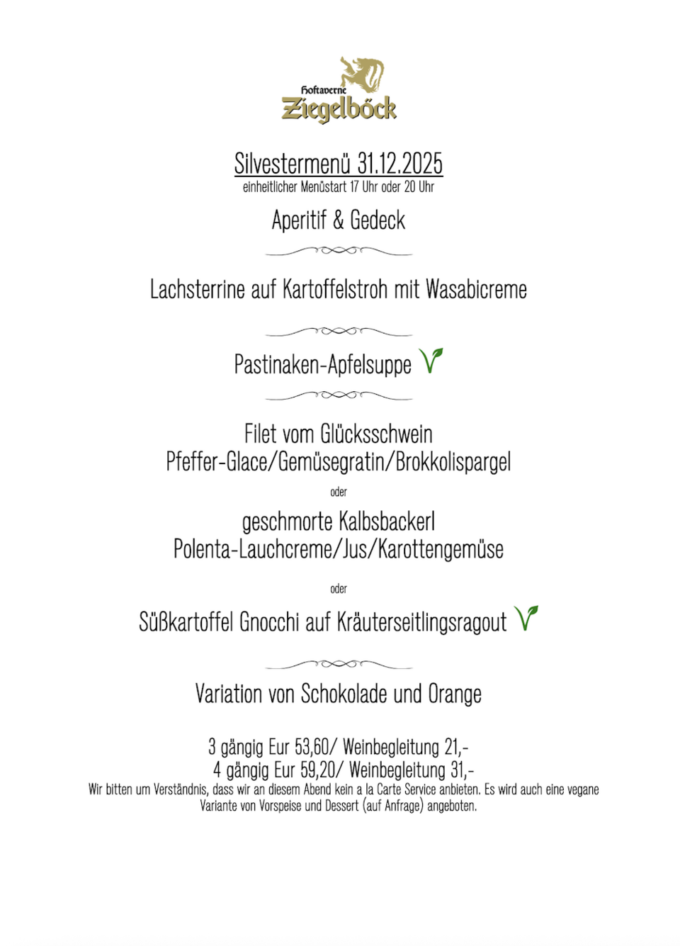 Menü Silvester 2025 Hoftaverne Ziegelböck in Vorchdorf
