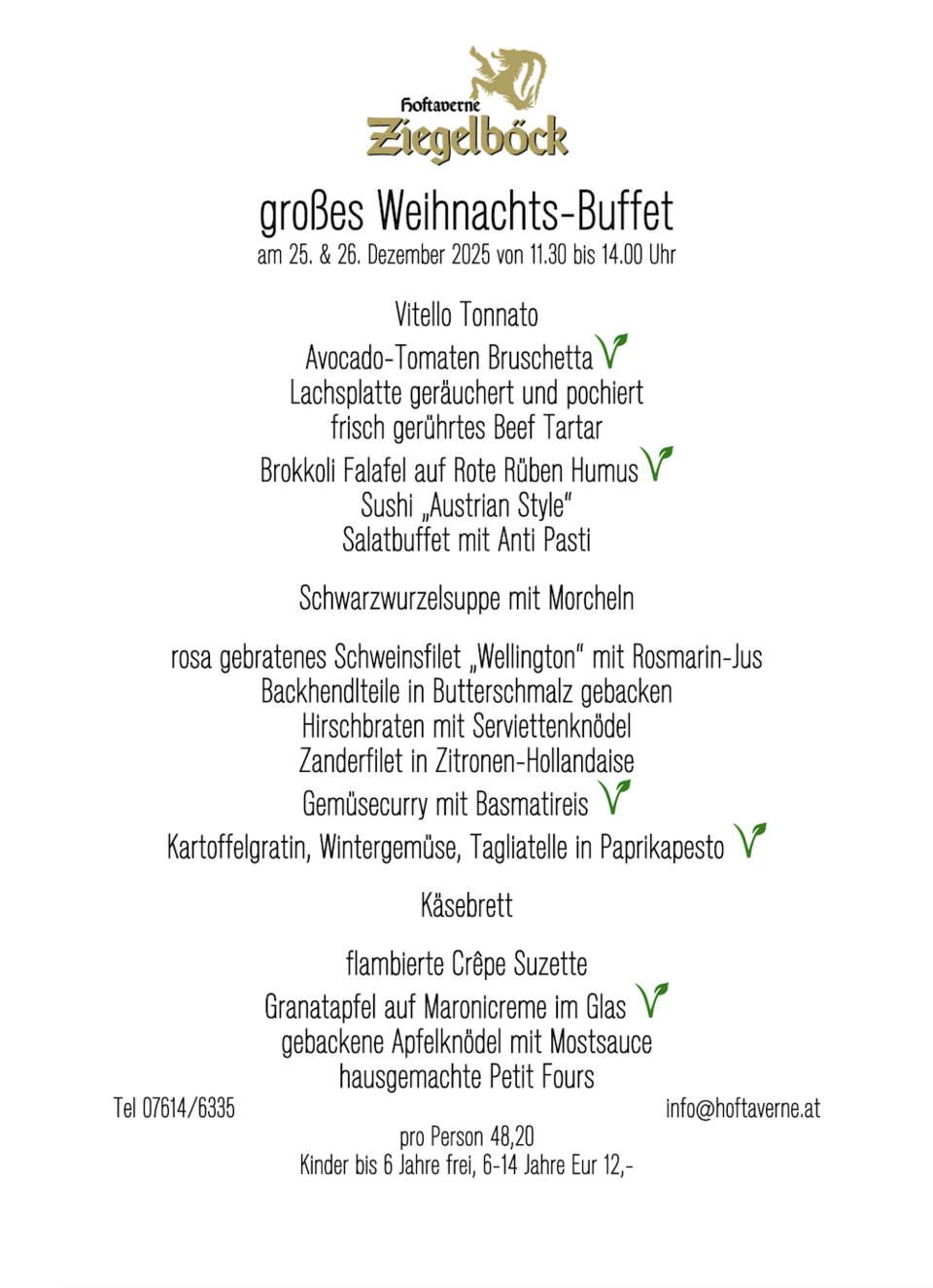 Speisekarte zum Weihnachtsbuffet der Hoftaverne Ziegelboeck